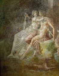 Römische Kunst: „Venus und Mars“. Fresko aus dem Haus des Gitarristen in Pompeji. 3. Stil. Museo Archeologico Nazionale, Neapel