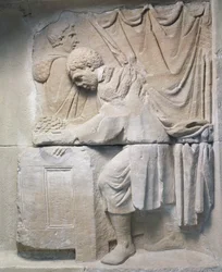 Römisches Relief aus einem Mausoleum, das einen Brotverkäufer darstellt, 2. Jahrhundert n. Chr.