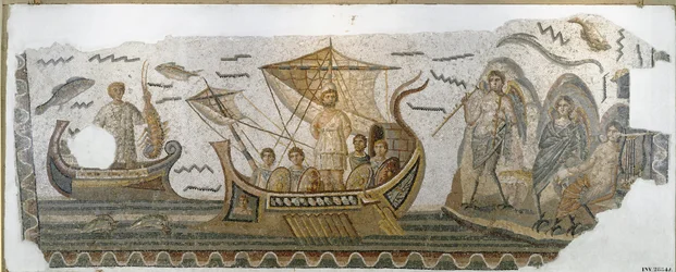Römische Antike: „Odysseus widersteht auf seinem Schiff dem Gesang der Sirenen“ (Homers Odyssee). Mosaik. 250-270 n. Chr. Maße: 380 x 130 cm. Tunis, Nationalmuseum von Bardo