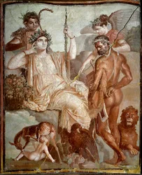 Römische Kunst: „Herakles findet seinen Sohn Telephos (Telephus) in den Bergen Arkadiens“. Römisches Fresko von der Ausgrabungsstätte Herculaneum (Ercolano), 70 n. Chr. Maße: 216x185 cm. Neapel, Museo Archeologico Nazionale