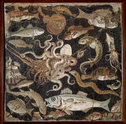 Römische Kunst: „Meeresfauna“. Mosaik aus dem 2. Jahrhundert. Neapel, Museo Archeologico Nazionale, Inv. 120177