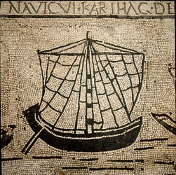 Römische Kunst: Frachtschiff. Mosaik des 3. Jahrhunderts n. Chr. Ostia, Piazzale delle Corporazioni, Italien