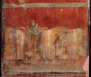 Römische Kunst: Szene der Fullonica, die das Reinigen von Kleidung zeigt. Fresko aus der Villa Fullonica Stephani in Pompeji
