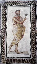 Römische Kunst: „Mann mit einem Dach“. Fußbodenmosaik aus den Caracalla-Thermen. 212 n. Chr. Rom, Museo Nazionale Romano (oder delle Terme).