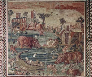 Römische Kunst: Nillandschaftsmosaik aus einer Villa auf dem Aventin, Rom, 1.-2. Jahrhundert. Rom, Museo Nazionale Romano im Palazzo Massimo, Inv. 171