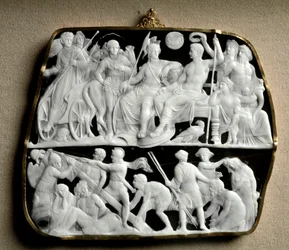 Römische Kunst: Onyx-Kamee, hergestellt vom Bildhauer Dioskurides auf zwei Ebenen. Oben begrüßt Kaiser Augustus, umgeben von mythologischen Göttern, seinen Nachfolger Tiberius.