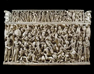 Römische Kunst: Kampfszene zwischen römischen Kriegern und Barbaren während der Markomannenkriege. Relief des sogenannten Portonaccio-Sarkophags eines Generals des Marcus Aurelius. 180-190. Rom, Museo Nazionale Romano (oder delle Terme)
