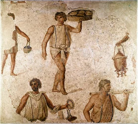 Römische Kunst: Diener bei einem Bankett. Fragment eines Mosaiks aus Karthago, Tunesien. 180-190 n. Chr. Paris, Louvre Museum