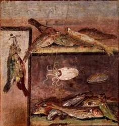 Römische Kunst: „Stillleben mit Fischen“. Fresko aus Pompeji. 1. Jahrhundert n. Chr. Neapel, Museo Archeologico Nazionale