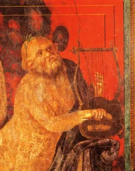 Silenus spielt Lyra, Fresko aus der Villa der Mysterien, Pompeji, Kampanien, Römische Zivilisation