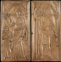 Stilicho, General und Politiker des antiken Roms barbarischer Herkunft. „Diptychon von Stilicho“: Stilicho mit seiner Frau Serena und seinem Sohn Eucherio. Elfenbein um 400