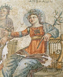 Das Apollo und Marsyas Mosaik, Detail von Plinius und Apollo, Haus des Aion, Paphos, Zypern
