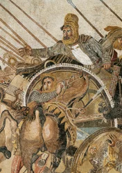 Die Schlacht bei Issos, die Alexander III. der Große gegen Dareios (Darius) III. Kodomannos (335 - 331 v. Chr.) gewann. Mosaik aus Pompeji. Detail. Museo Archeologico Nazionale, Neapel. (Aus Pompeji, Haus des Fauns)