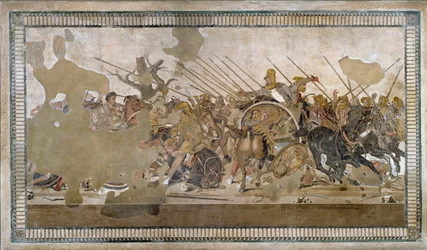 Die Schlacht von Issos, gewonnen von Alexander dem Großen gegen Darios III. Codoman (335 - 331 v. Chr.) - Mosaik von Pompeji