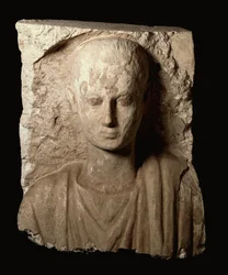 Fragment eines Denkmals mit dem Oberkörper eines jungen Jungen, koptische Periode, ca. 300 n. Chr.