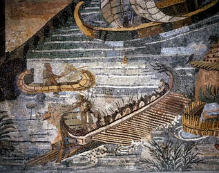 Eine römische Bireme (eine Art Galeere mit zwei Reihen) (Detail) eines Mosaiks in Palestrina.