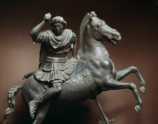 Alexander der Große (356-323 v. Chr.) zu Pferde. Bei dem Pferd soll es sich um Bukephalos handeln. Bronzeskulptur nach einem Original von Lysipp von Sikyon (395-305 v. Chr.). Neapel, Museo Archeologico Nazionale
