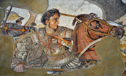 Alexander der Große (356 - 323 v. Chr.) auf seinem Pferd Bukephalos - Detail eines Mosaiks aus Pompeji: Schlacht bei Issos zwischen Alexander und Dareios (4. Jahrhundert v. Chr.). - Opus vermiculatum - Archäologisches Nationalmuseum Neapel, Italien