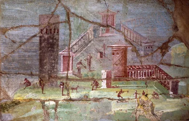 Antikes römisches Fresko mit Landschaft aus Pompeji