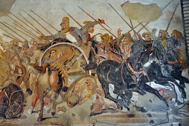Detail eines Mosaiks aus Pompeji: Schlacht bei Issos zwischen Alexander und Dareios (4. Jahrhundert v. Chr.). König Dareios III. Kodomannos (380-330 v. Chr.), verzweifelt auf seinem Streitwagen. Opus vermiculatum. Archäologisches Nationalmuseum Neapel