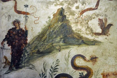 Mit Weintrauben bekleideter Dionysos vor dem Vesuv - Fresko aus Pompeji, Casa del Centenario (Haus des Centenariums) - Neapel, Archäologisches Nationalmuseum