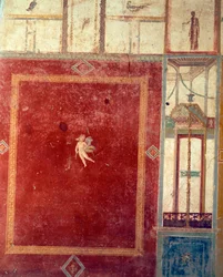 Fresko im vierten pompejanischen Stil, Haus des Pinario Ceriale, Pompeji, Kampanien, römische Zivilisation