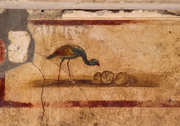 Fresko, das einen Vogel aus dem Peristyl im Haus des Caius Julius Polybius darstellt, Pompeji (UNESCO-Welterbeliste)
