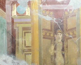 Fresko, das eine falsche architektonische Dekoration und die Figur einer Frau zeigt, aus dem Haus des Fabius Rufus, Pompeji, Kampanien, römische Zivilisation