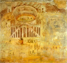Fresko, das einen Streit zwischen Pompejanern und Nocerini im Amphitheater zeigt, aus Pompeji, Kampanien, römische Zivilisation