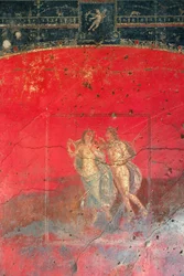 Fresko in der Nähe des Hauses der Vettii, das zwei mythologische Figuren darstellt, Pompeji (UNESCO-Weltkulturerbe)