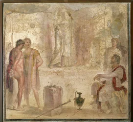 Italien, Kampanien, Pompeji, Haus der Goldenen Amorinen, Orestes und Pylades vor Iphigenie, Fresko