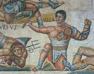 Mosaik mit einer Szene kämpfender Gladiatoren, Detail eines triumphierenden Gladiators