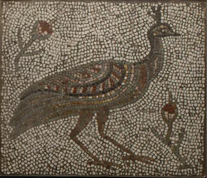 Mosaik mit einem Pfau und Blumen, 3.-4. Jahrhundert