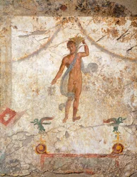 Malerei des vierten pompejanischen Stils, die einen Genius mit Korb und Situla darstellt