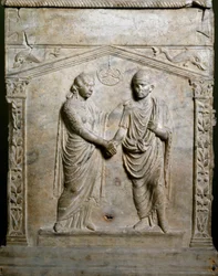 Römische Kunst: Grabaltar, verziert mit einer Hochzeitsszene (Junctio dextrarum). Flachrelief. Rom, Museo Nazionale Romano