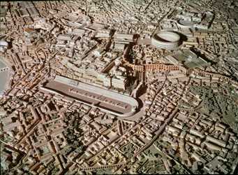 Römische Kunst: Modell, das die Stadt Rom in der Antike darstellt. Im Zentrum der Circus Maximus oder Grand Circus, reserviert für Wagenrennen. Rom, Museo della Civilta Romana - Römische Kunst. Circus Maximus und etruskische Mauern. Detail des Rekonstrukti