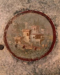 Rund mit Häusern und Gebäuden, Detail eines Freskos aus dem Haus des Jahrhunderts, Pompeji, Kampanien, Römische Zivilisation