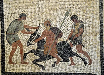 Betrunkener Silen: Der betrunkene Silen reitet auf einem Esel, der von zwei Dienern gehalten wird. Mosaik aus Pompeji, Haus des Paquius Proculus oder C. Cuspius Pansa. Archäologisches Nationalmuseum Neapel, Italien. Foto Patrice Cartier.