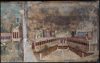 Fresko im dritten Stil, das eine architektonische Landschaft darstellt, Detail der Kolonnade, aus Pompeji