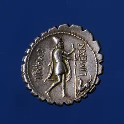 Odysseus wird von seinem Hund Argo erkannt. Römische Silbermünze, 83 v. Chr.