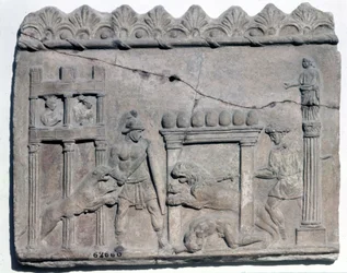 Venatio in den Arenen. Unteres Relief aus der Römerzeit. Museo Nazionale Romano