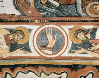 Romanische Kunst: Die rechte Hand Gottes und die Patriarchen Elija und Henoch (Detail). Fresko der Schule von Leon (Spanien). 1132. Heiligtum der Jungfrau von der Jungfrau del Camin