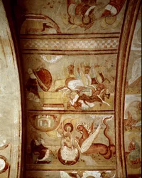 Romanische Kunst: Innenraum der Abtei von Saint-Savin-sur-Gartempe (Saint Savin sur Gartempe) in Wien (Frankreich), gegründet von Karl dem Großen (1060-1115). Wandmalerei an der Decke um 1100. Fresko.