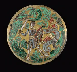 Krieger, der gegen einen Drachen kämpft, ca. 1170-1180