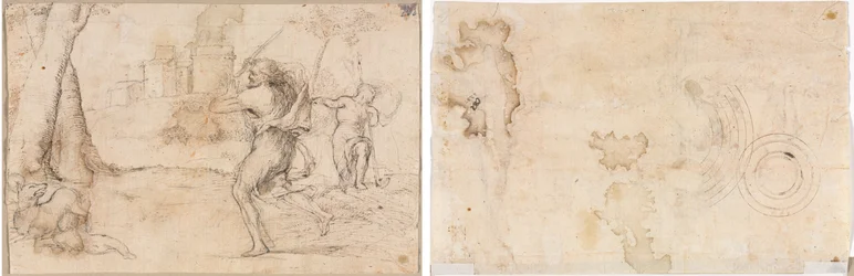 Romulus und Remus gefunden von Faustulus (recto) Konzentrische Kreise (verso)