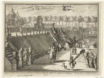 Ansicht (seitlich) eines Terrassenwasserfalls im Park des Palastes Het Loo