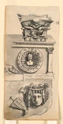 Entwürfe für ein Kapitell, einen Sarkophag und ein Relief