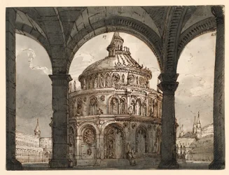 Bühnenbild, Atrium mit dem Tempel der Hospitaliter für die Oper "La Straniera" von Vincenzo Bellini