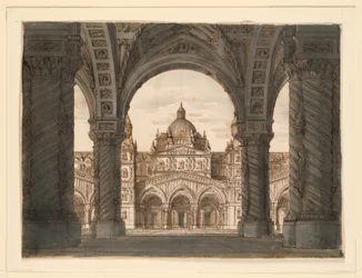 Bühnenbild, Kirchenfassade von einer Loggia, I due Valdomiri von Felice Romani, Musik von Pietro de Winter. Aufgeführt in La Scala, Mailand, 1818