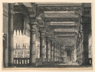 Bühnenbild, Loggia mit Brunnen in einem orientalischen Palast